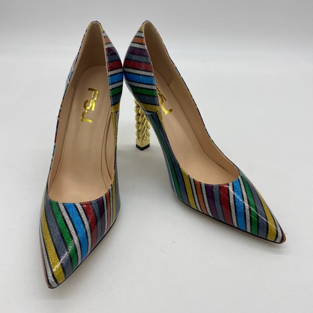 FSJ rainbow pointy toe gold chain chunky heels pumps shoes